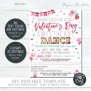 May include: A printable Valentine's Day dance invitation for Hughson Christian School. The invitation features a pink and red heart design with a banner that says "Valentine's Day Sweetheart Dance". The invitation includes details about the event, including the date, time, location, and cost. It also includes a section for guests to fill out their information.