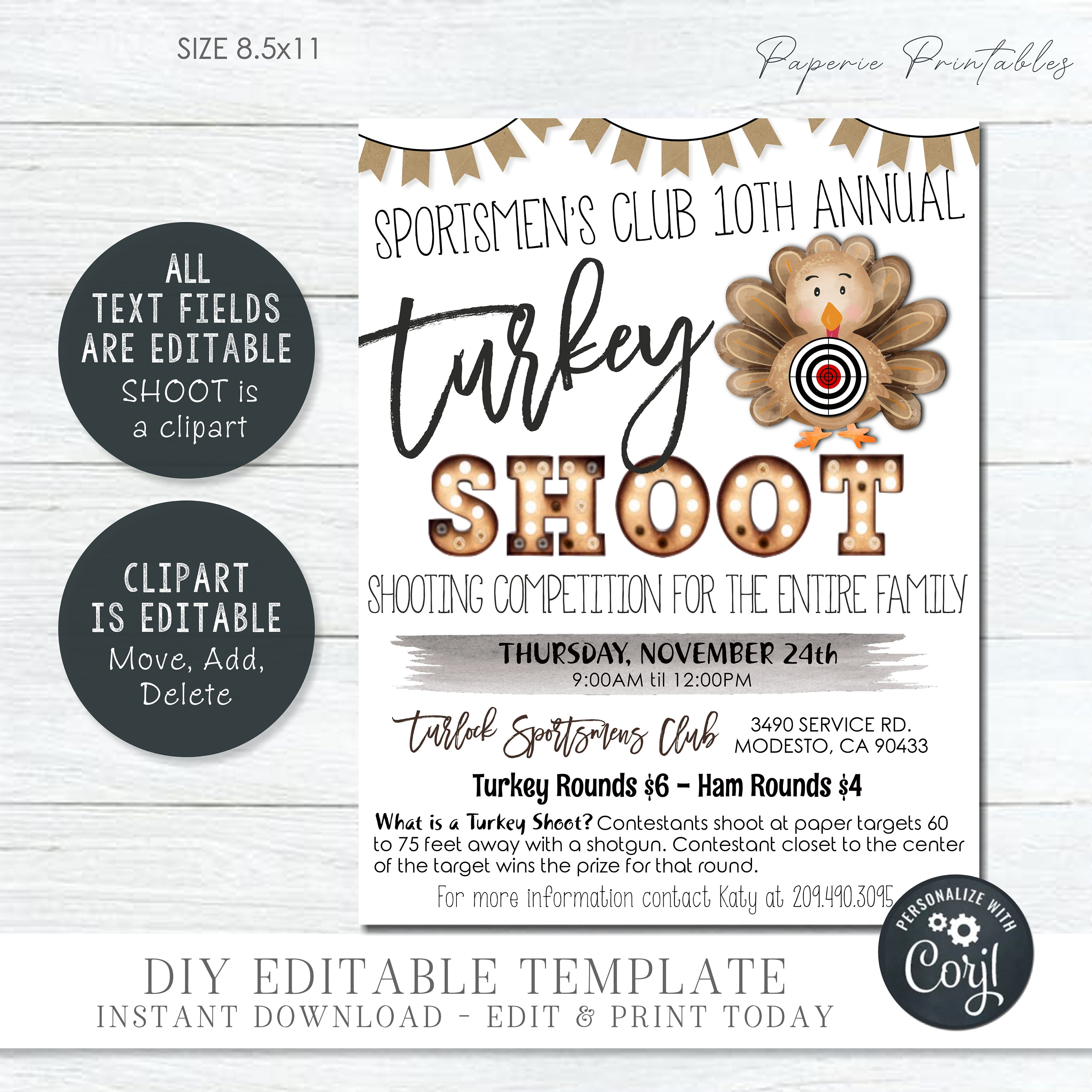 editable turkey shoot flyer: thanksgiving event (diy corjl
