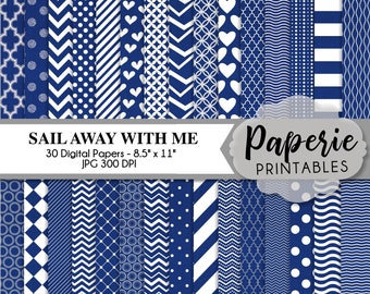 Cobalt Blue & White Pattern Digital Paper - 8.5x11 Digital Scrapbooking Paper - 30 Papers - Cobalt Blue Scrapbook Paper - Instant Download -