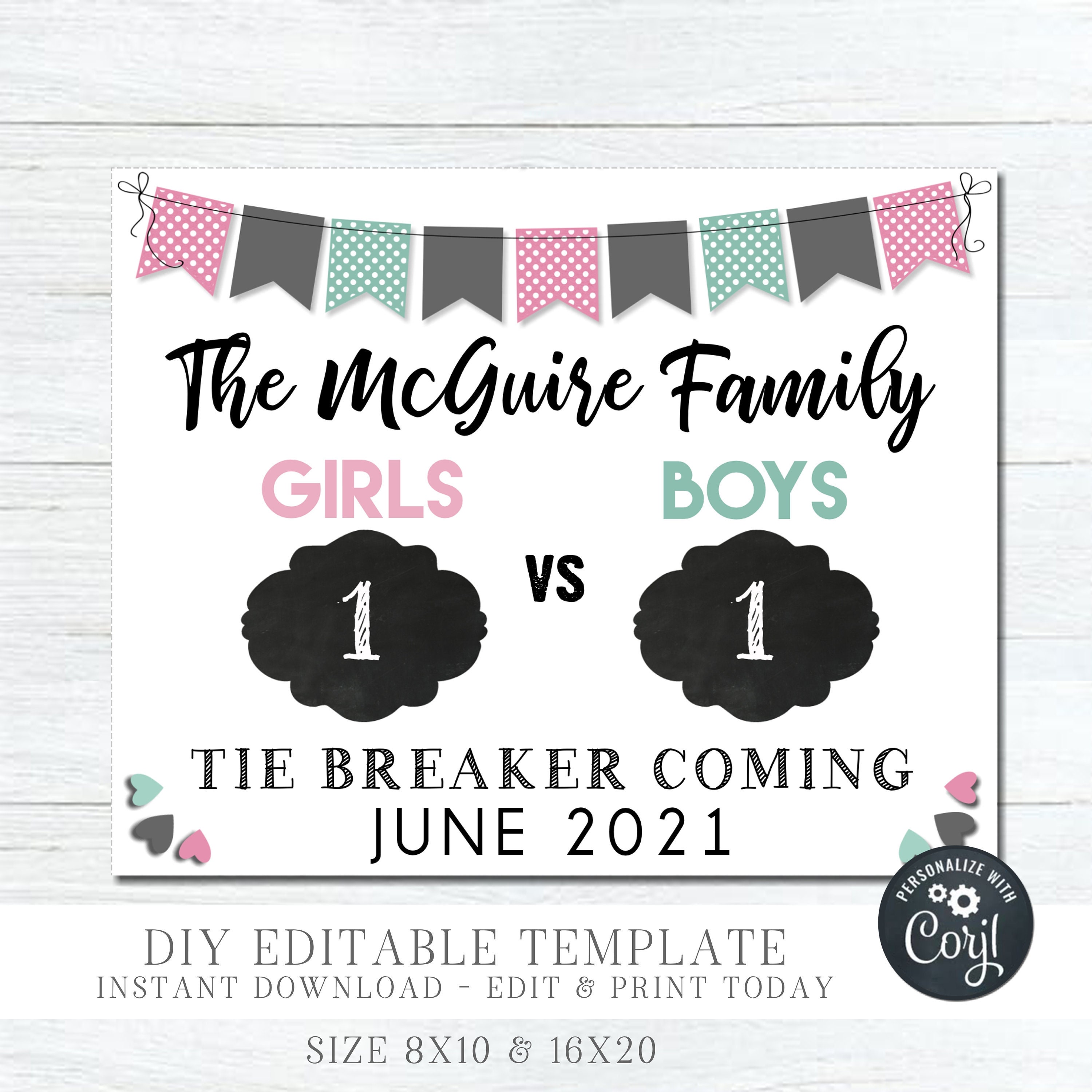 EDITABLE Tie Breaker Pregnancy Announcement Sign New Baby 