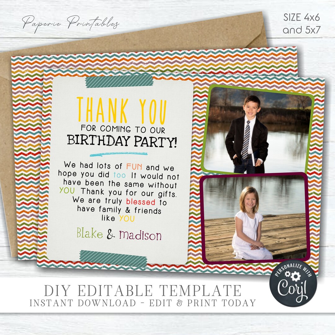 EDITABLE Kids Birthday Thank You Card, Colorful Thank You Card ...