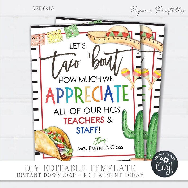 EDITABLE Taco 'bout Teacher Appreciation Table Sign Etsy