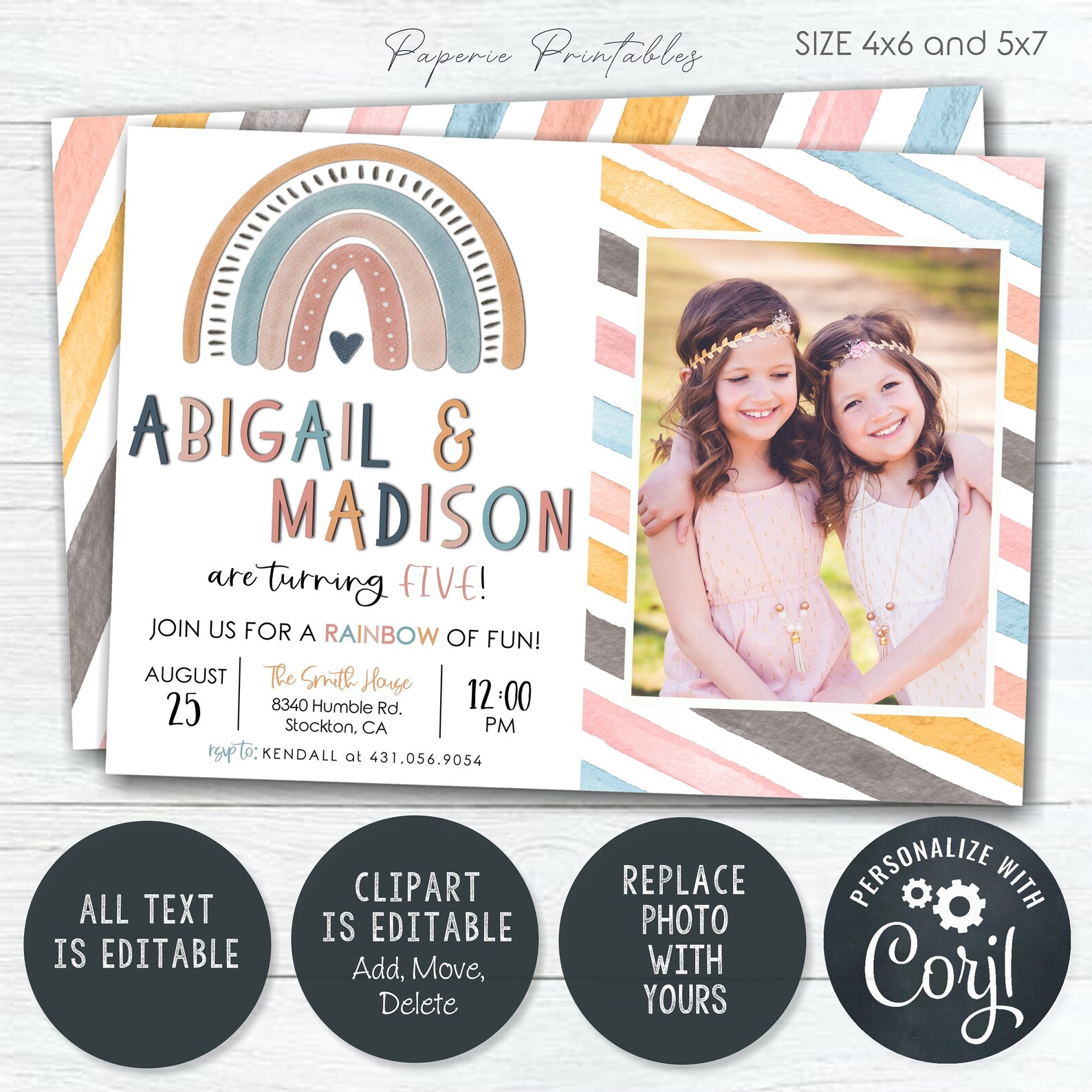 EDITABLE Boho Rainbow Birthday Invitation Rainbow Invitation Etsy