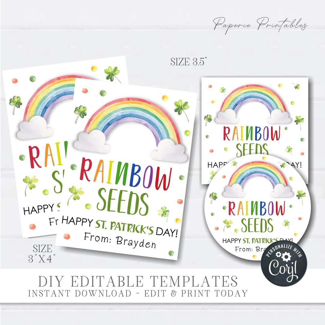 Editable Rainbow Seeds Tags St.patrick's Day Gift Tag