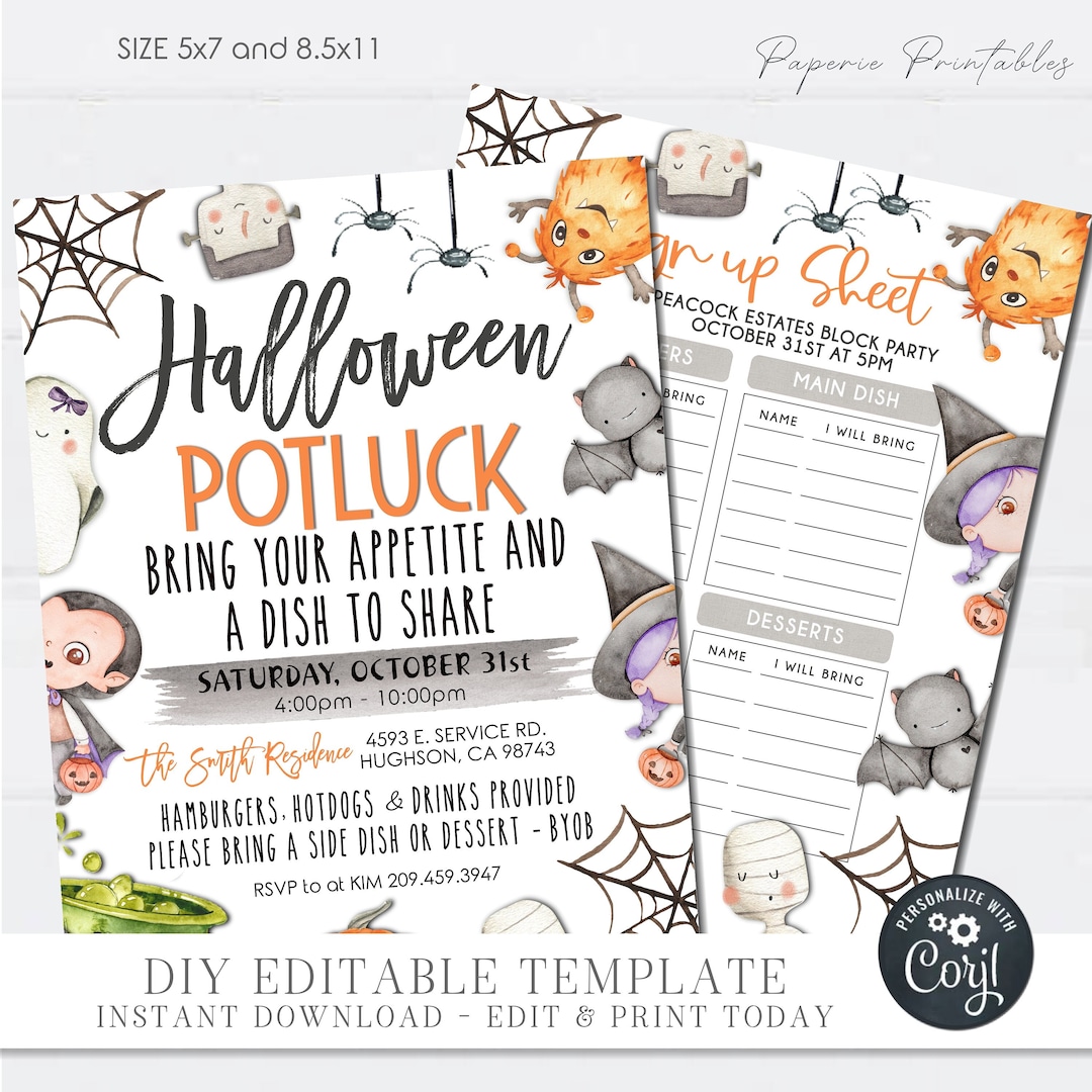 Editable Halloween Potluck Flyer & Sign up Sheet (digital Download) # ...