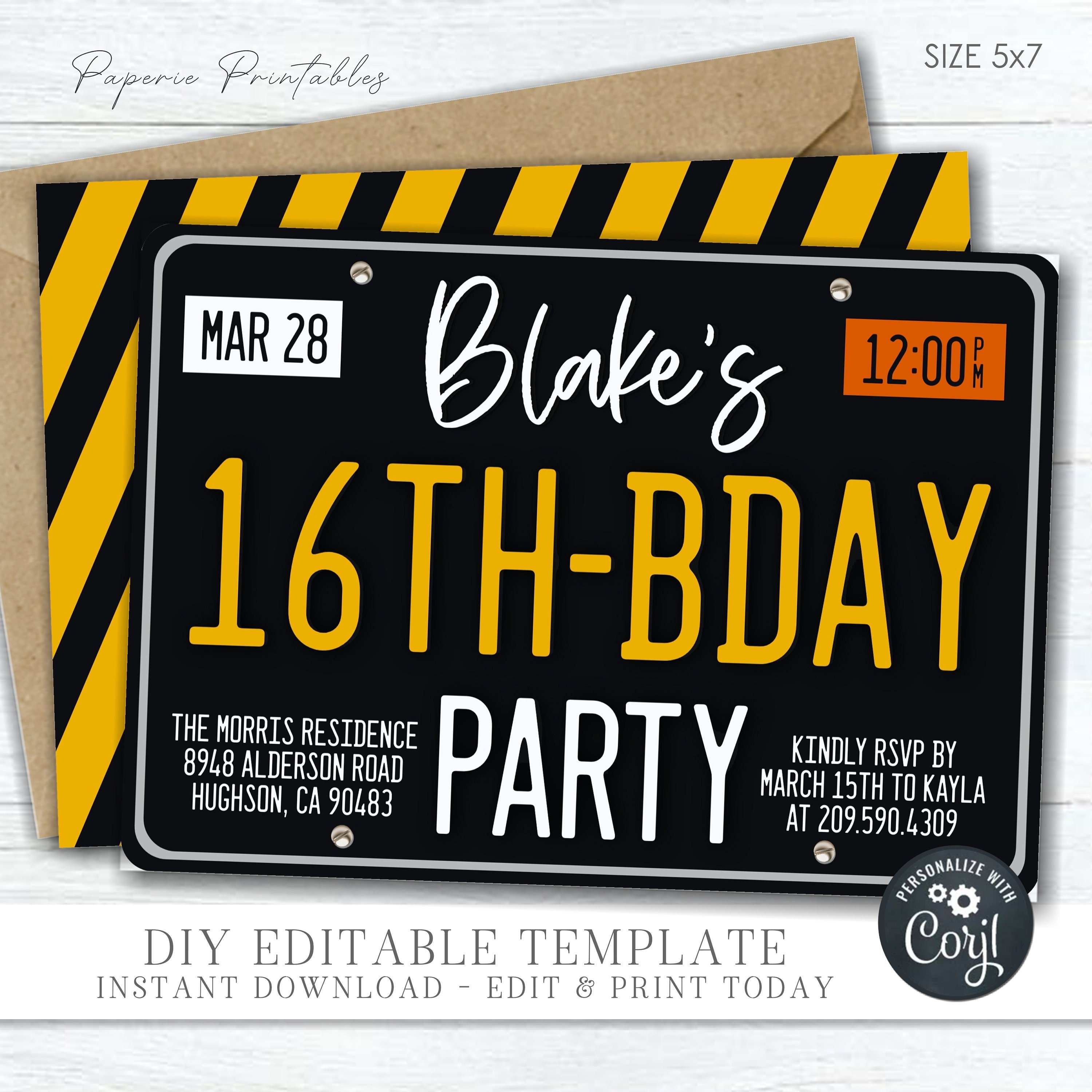 License Plate Birthday Invitation: Editable Sweet 16, DIY Corjl (Digital Download) #BP75