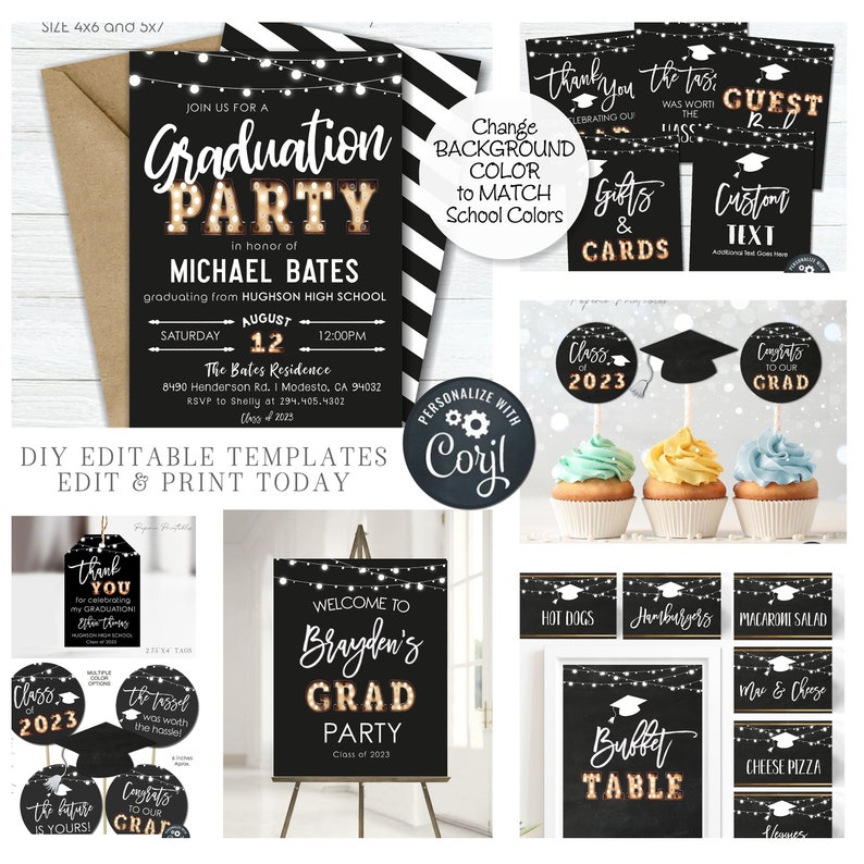Editable Graduation Party Bundle: School Colors, Invitation, Decor (DIY ...