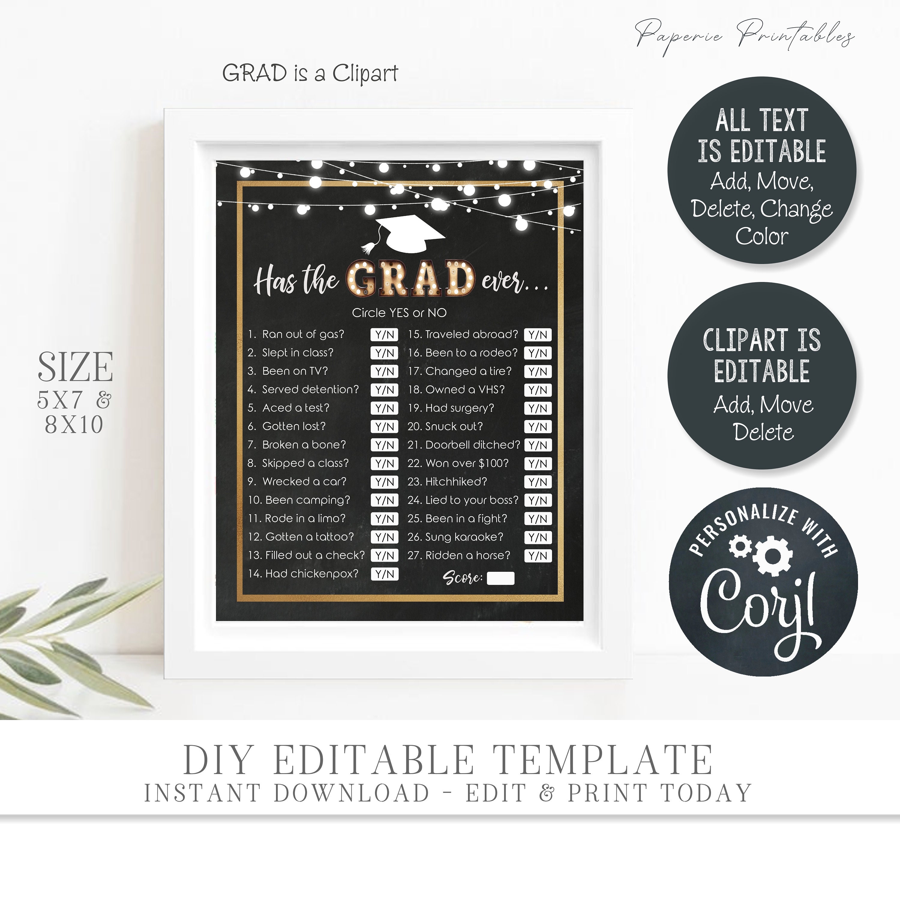 Has The Grad Ever Graduation Party Game - 25 Cards With Answer Key, Black & Gold Design - View #13