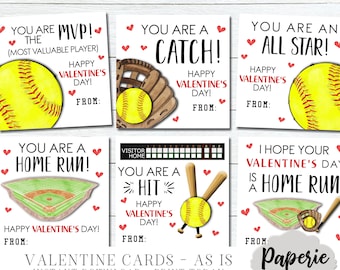 Softball Valentine Cards for Kids, Kids Valentine Cards, Softball Valentines, Printable School Valentine, AS-IS, Instant Download, #VT43 (7)