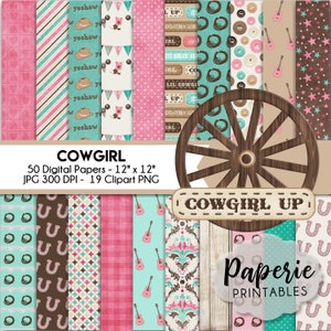 Cowgirl Scrapbook Paper: 12x12 Digital Paper Pack, Clipart (Instant Download)