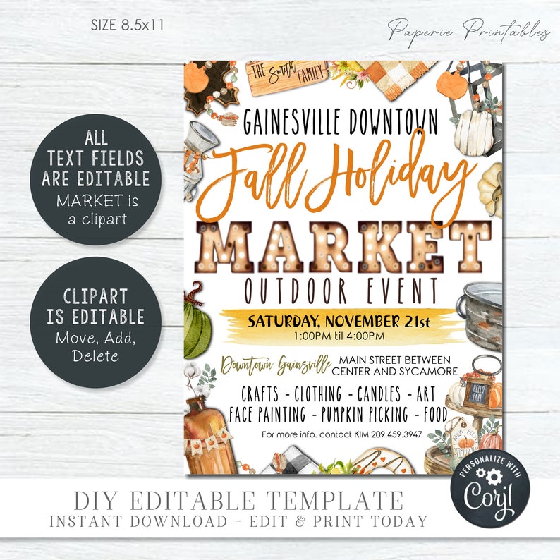 Fall Bazaar Template.pdf Editable Fall Market Flyer: Outdoor Event Template (DIY Corjl) - Etsy