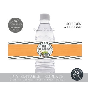 May include: Editable Halloween water bottle labels with a black and white striped background and orange accents. The labels feature a cauldron with a broom and the text "Happy Boo-thday".