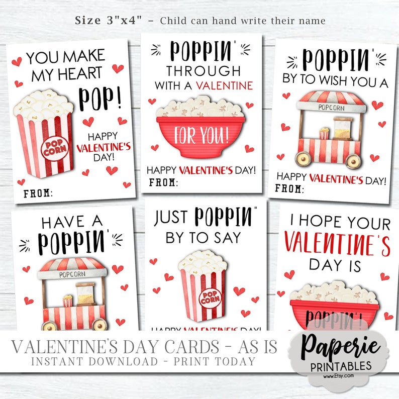 Popcorn Valentine Cards for Kids, Kids Valentine Cards, Popcorn Valentine Tags, Printable School Valentine, AS-IS, Instant Download, VT53 image 1