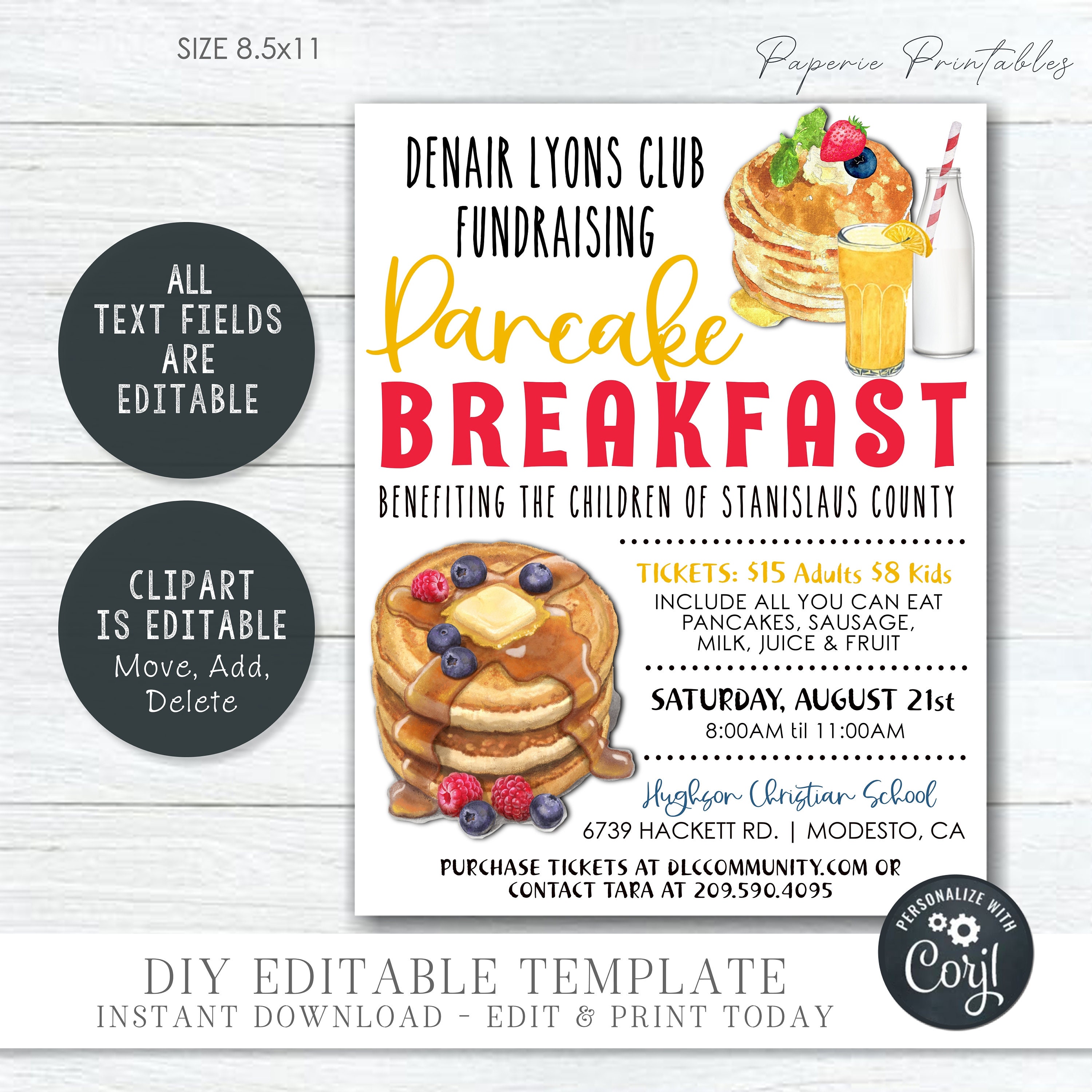 EDITABLE Pancake Breakfast Fundraiser Pancake Breakfast Flyer - Etsy