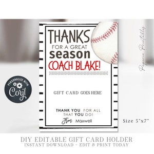 EDITABLE Baseball Coach Appreciation Gift Card Holder, Thanks for a ...
