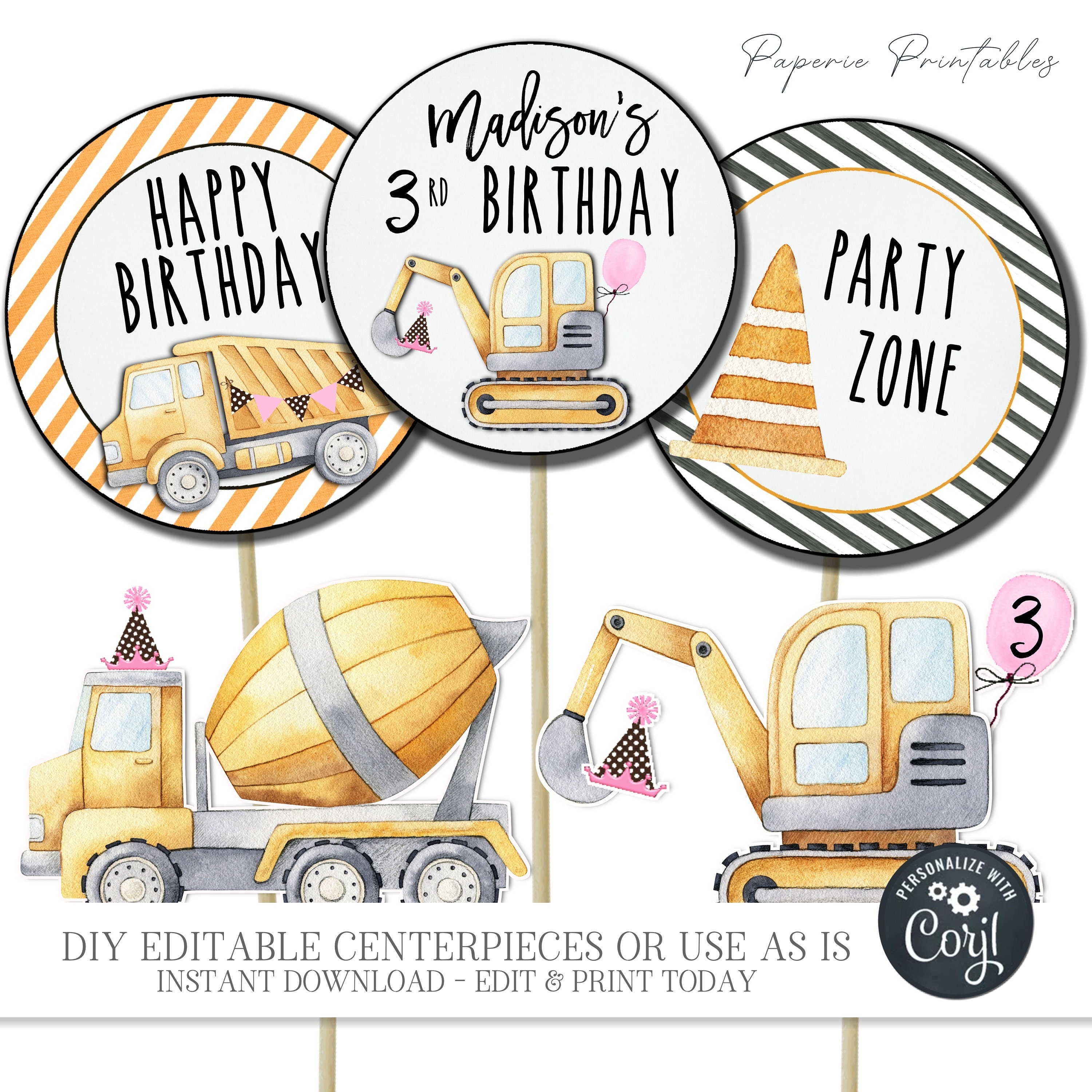 EDITABLE Girl Construction Party Centerpieces DIY Construction Photo Prop Construction Decorations Centerpieces DIY with