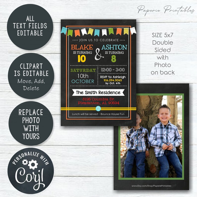 EDITABLE Siblings Birthday Invitation Sisters Birthday Etsy