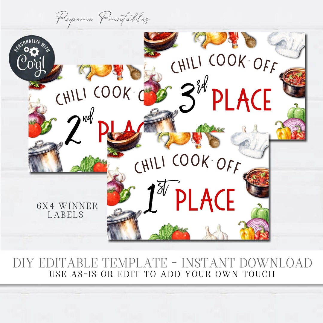 Chili Cook-off Award Winner Labels: Editable DIY Printables (4x6) # ...