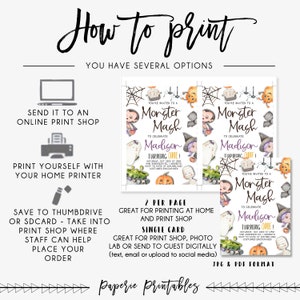 May include: How to print a Monster Mash birthday party invitation. The invitation features a cute cartoon monster with a purple hat and a pumpkin. The text on the invitation says "You're invited to a Monster Mash to celebrate Madison turning one!"