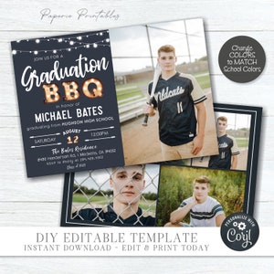 May include: A navy blue graduation BBQ invitation with string lights and the text "Graduation BBQ" in a marquee style. Includes photos of a young man in a baseball uniform. The invitation is a DIY editable template.