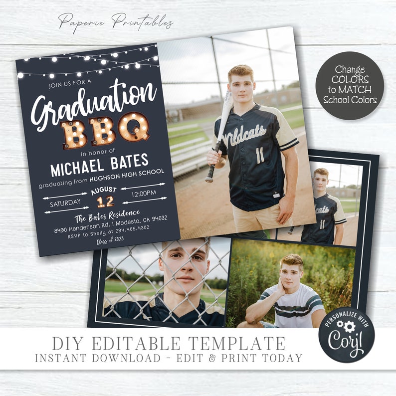 May include: A navy blue graduation BBQ invitation with string lights and the text "Graduation BBQ" in a marquee style. Includes photos of a young man in a baseball uniform. The invitation is a DIY editable template.