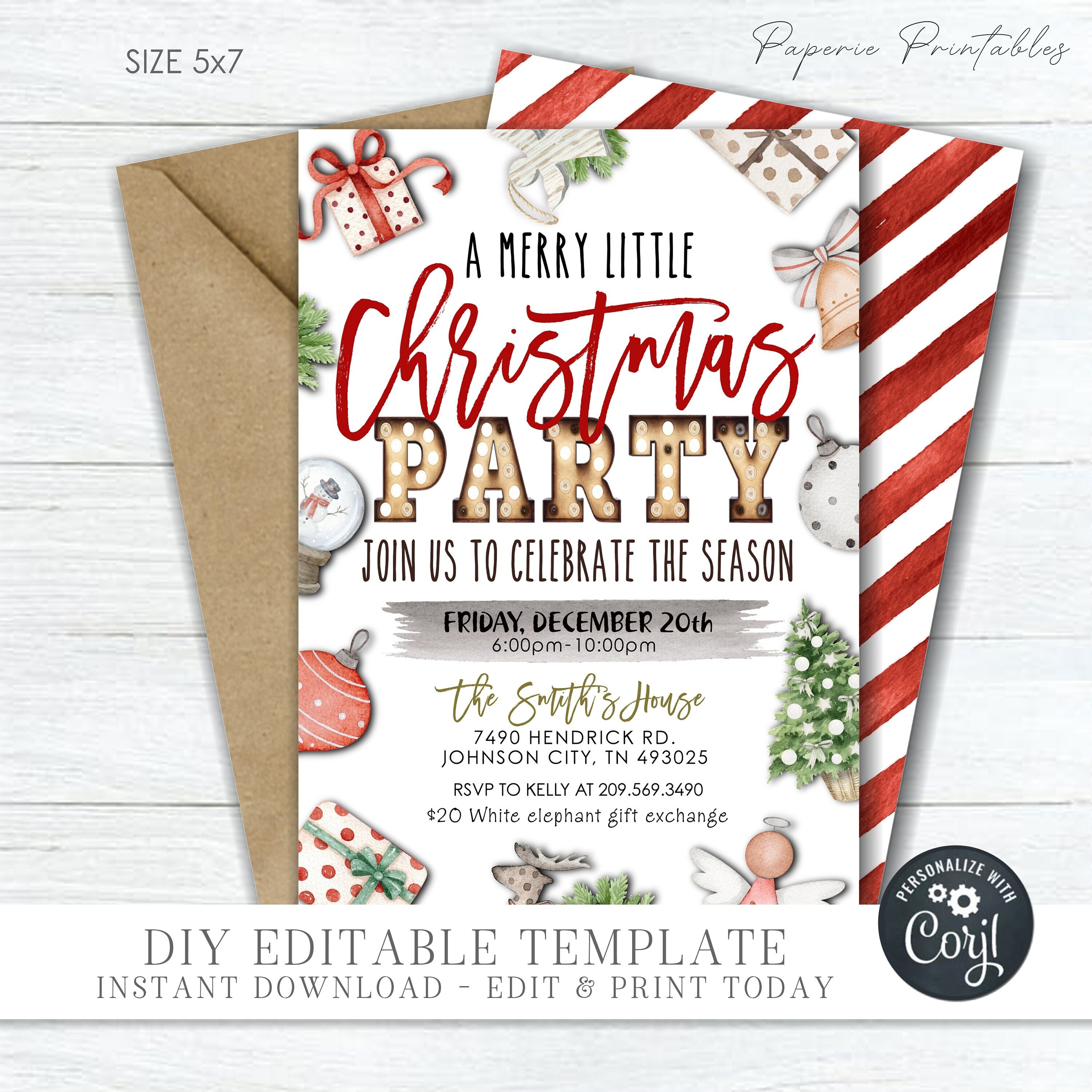 Editable Christmas Party Invitation: Modern Holiday Design (5x7) (DIY with Corjl) #CP63