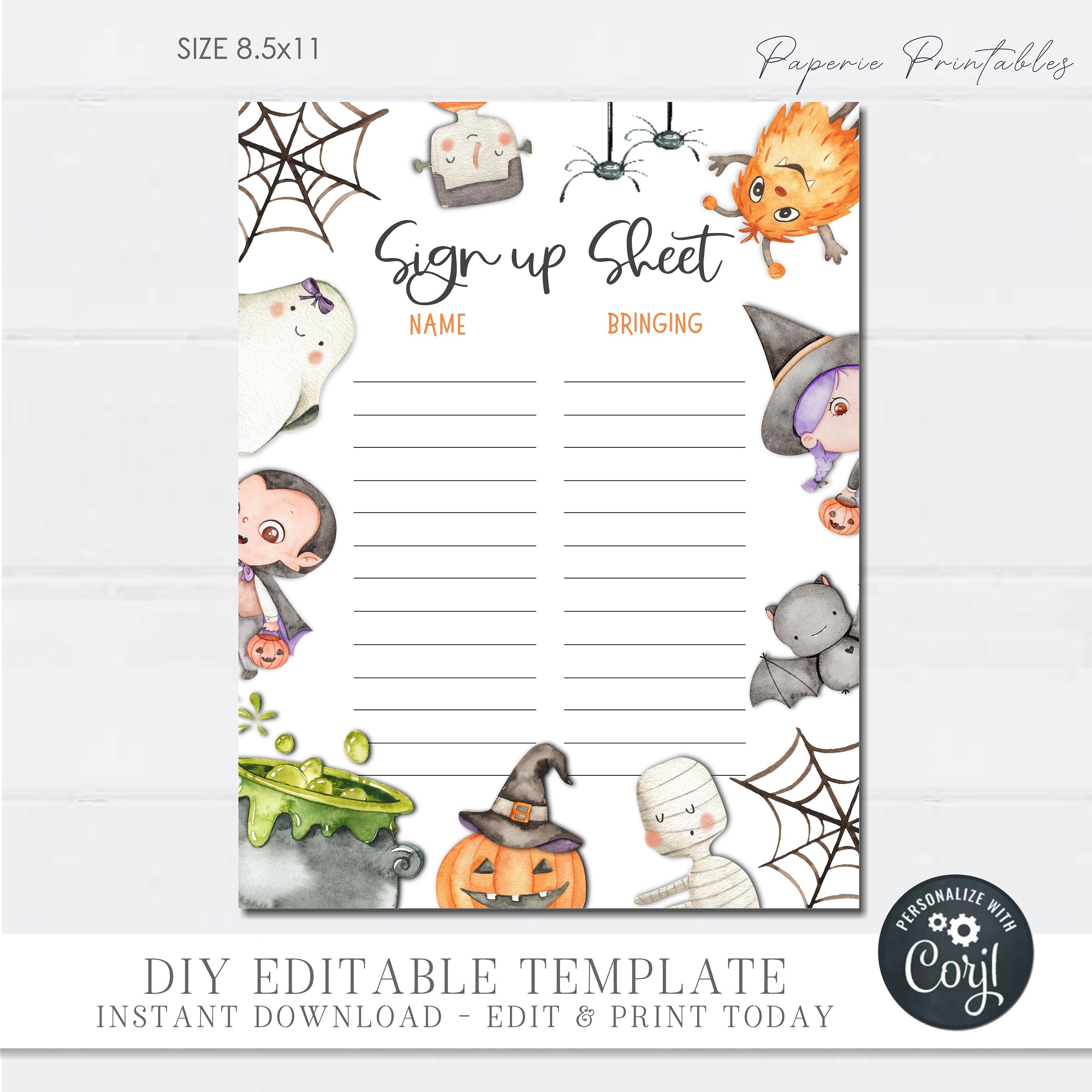 editable halloween potluck sign up sheet (diy corjl template