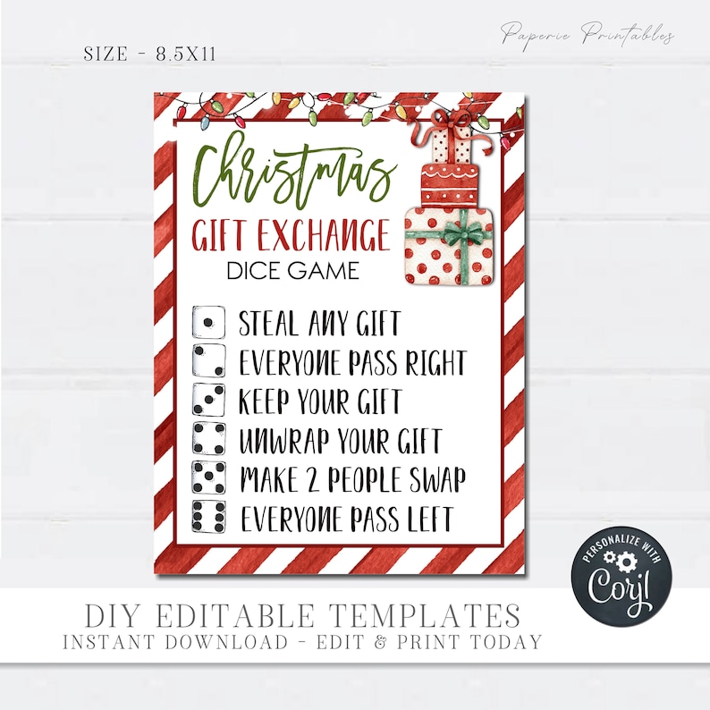 EDITABLE Christmas Gift Exchange Dice Game Card Christmas Etsy