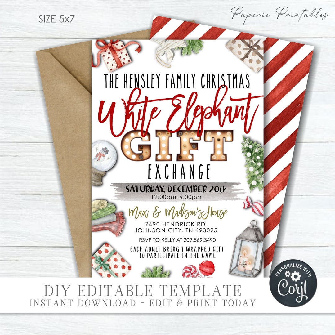 EDITABLE White Elephant Gift Exchange Invitation Christmas White EDITABLE White Elephant Gift Exchange Invitation Christmas White
