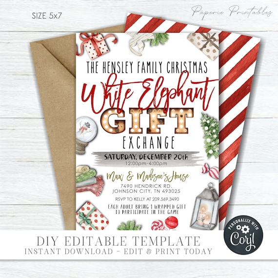 White Elephant Party Template Set, Gift Exchange Party Invitation