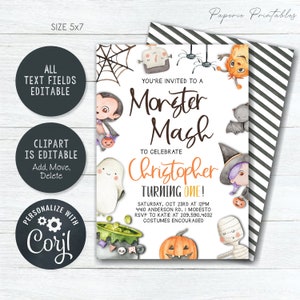 May include: A printable invitation for a Monster Mash birthday party. The invitation features a white background with colorful illustrations of monsters, a cauldron, and a pumpkin. The text reads "You're invited to a Monster Mash to celebrate Christopher turning one!"  The invitation also includes the date, time, address, and RSVP information.