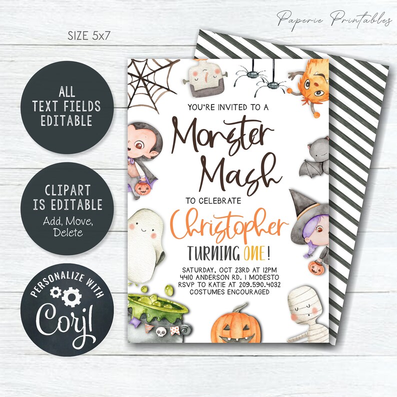 May include: A printable invitation for a Monster Mash birthday party. The invitation features a white background with colorful illustrations of monsters, a cauldron, and a pumpkin. The text reads "You're invited to a Monster Mash to celebrate Christopher turning one!"  The invitation also includes the date, time, address, and RSVP information.