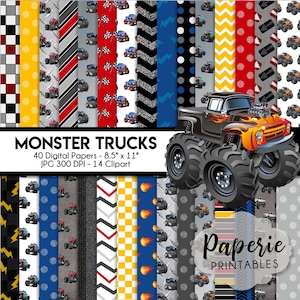 Monster Truck Digital Paper - 8.5x11 Digital Scrapbooking Paper - 40 Papers & 14 Clipart - Monster Truck Scrapbook Paper - Instant Download-