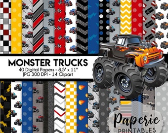 Monster Truck Digital Paper - 8.5x11 Digital Scrapbooking Paper - 40 Papers & 14 Clipart - Monster Truck Scrapbook Paper - Instant Download-