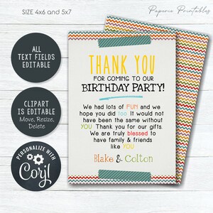 EDITABLE Kids Birthday Thank You Card, Colorful Thank You Card ...