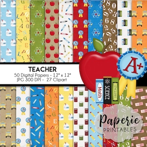 Teacher Digital Paper - 12x12 Digital Scrapbooking Paper - 50 Papers - School Scrapbooking Paper - School Clipart - Instant Download -