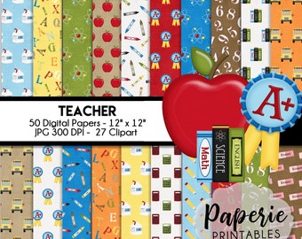 Teacher Digital Paper - 12x12 Digital Scrapbooking Paper - 50 Papers - School Scrapbooking Paper - School Clipart - Instant Download -