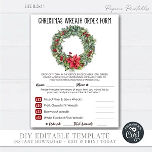 EDITABLE Christmas Wreath Fundraising Order Form, Wreath Sale Order ...