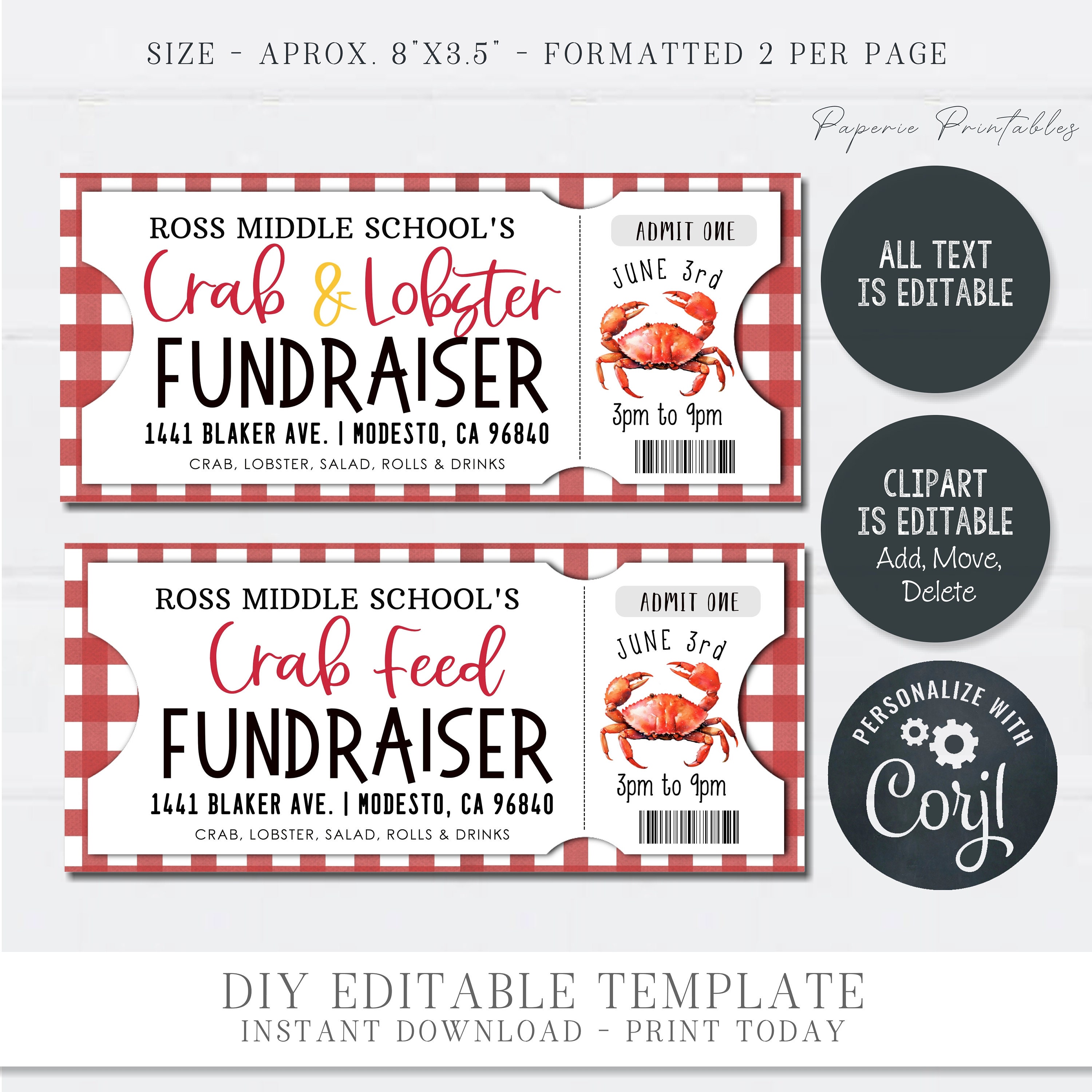 Crab Raffle Crab Feed Fundraiser Flyer & Tickets: Editable DIY Printable (corjl) # ...