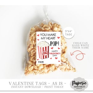Popcorn Valentine Cards for Kids, Kids Valentine Cards, Popcorn Valentine Tags, Printable School Valentine, AS-IS, Instant Download, VT53 image 2