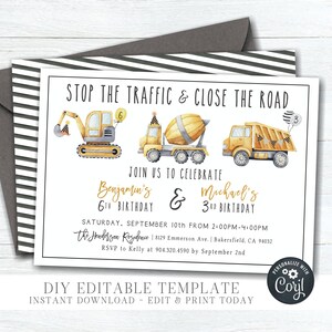 Editable Construction Birthday Invitation: Siblings Party (DIY Corjl) #BP48