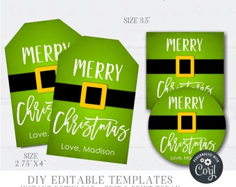 May include: Two printable gift tags with a green background and a black belt with a gold buckle. The text on the tags reads "Merry Christmas" with the option to add a personalized name. The tags are 2.75 inches by 4 inches. A third printable tag is also shown, which is 3.5 inches by 3.5 inches and features a similar design.