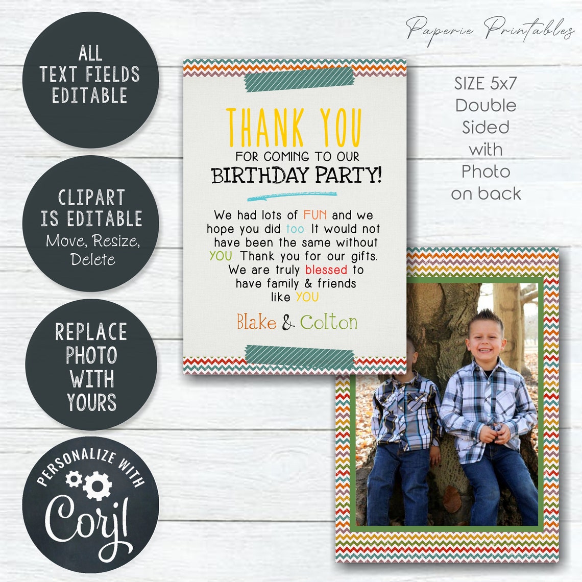 EDITABLE Kids Birthday Thank You Card Colorful Thank You - Etsy