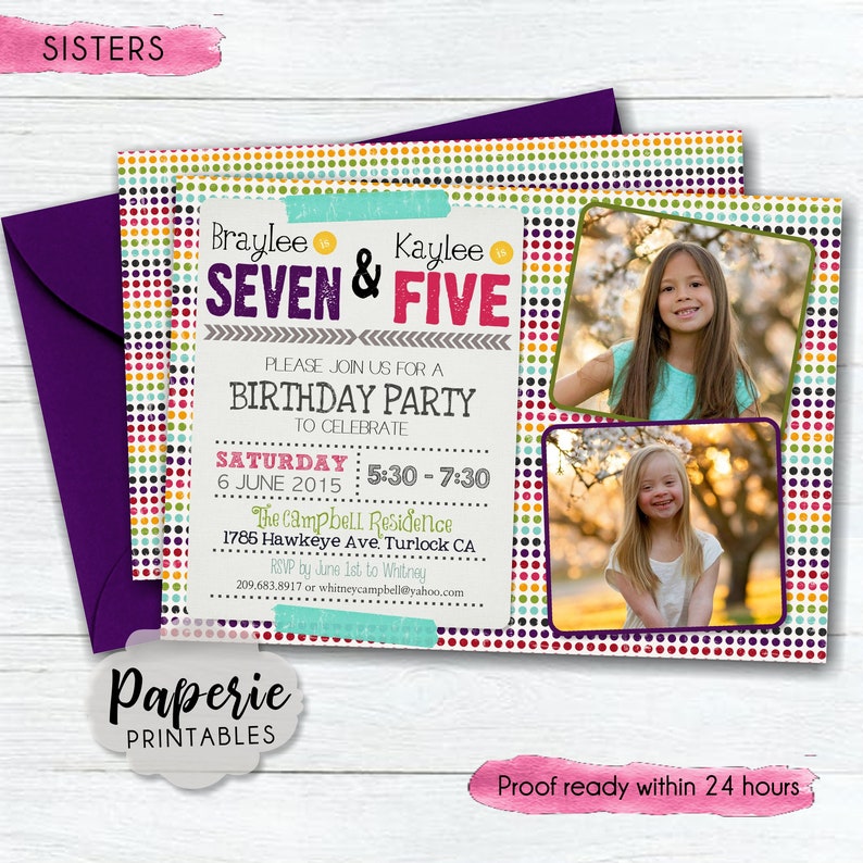 Sisters Birthday Party Invitation Colorful Joint Birthday Etsy