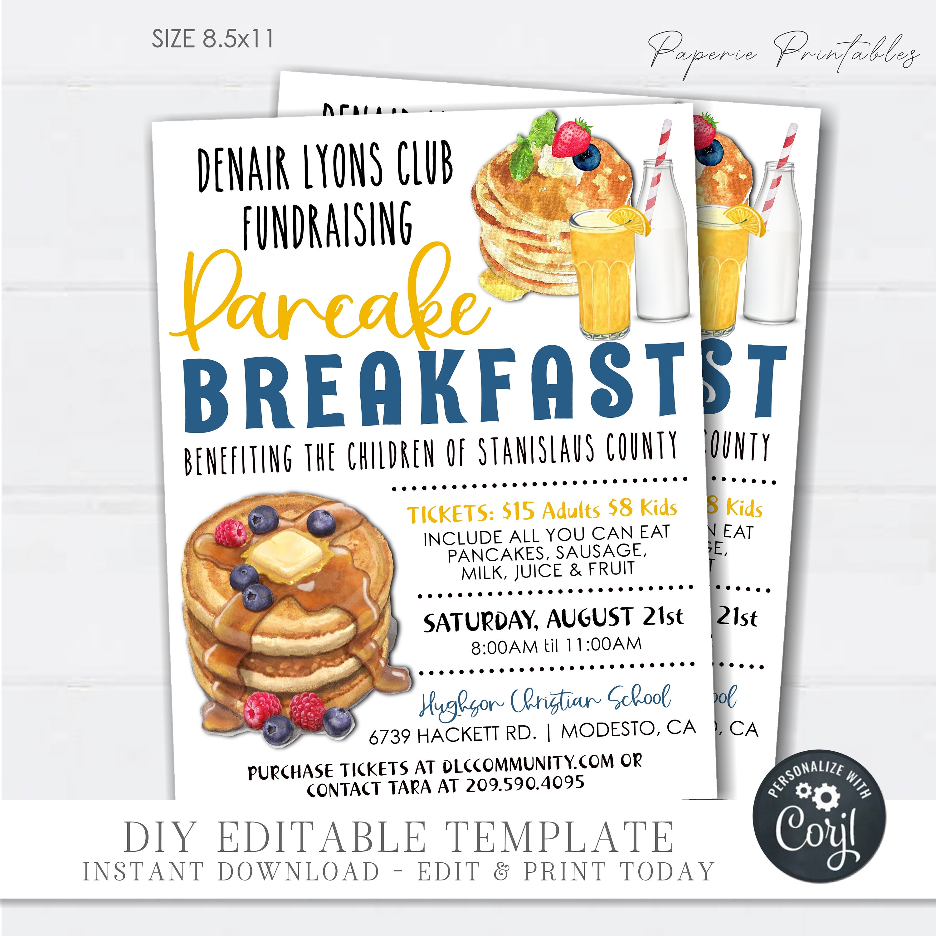 EDITABLE Pancake Breakfast Fundraiser Pancake Breakfast Flyer Etsy