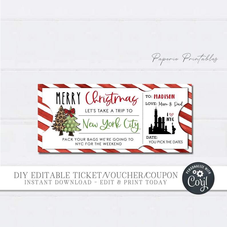 EDITABLE New York City Trip Ticket Christmas Gift Coupon - Etsy