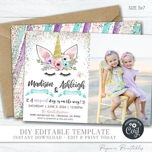 Editable Unicorn Birthday Invitation with Photo, Sisters Unicorn Birthday Template, Twins Unicorn Invitation, Magical - DIY with Corjl #BP87