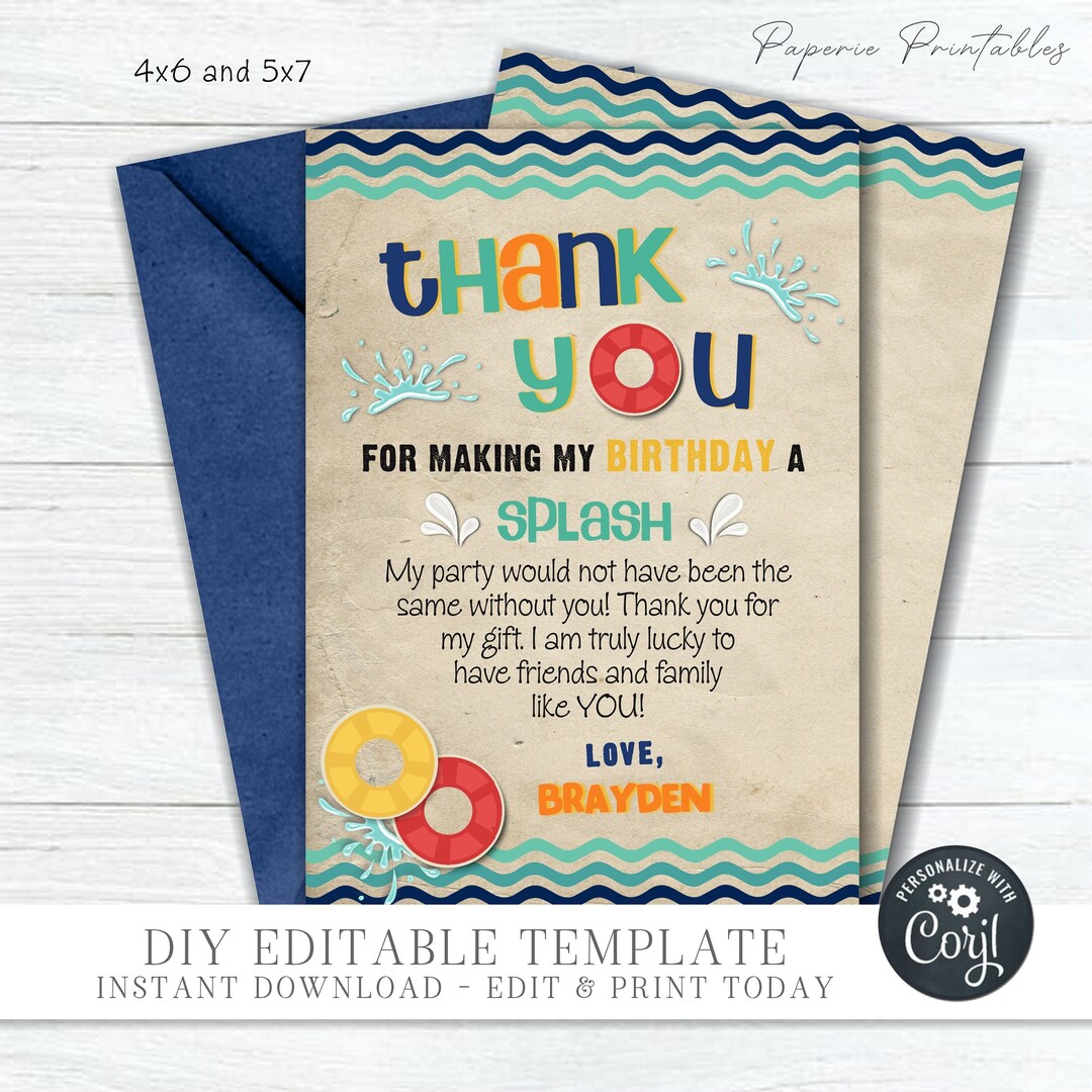 EDITABLE Boy Pool Party Birthday Thank You Card - Pool Party Thank You ...