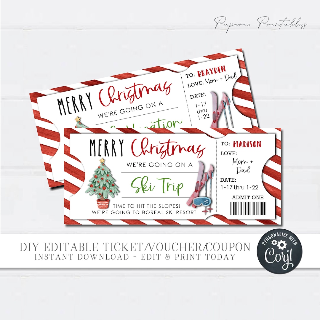 EDITABLE Skiing Trip Ticket, Ski Vacation Gift Coupon, Christmas Gift Voucher, Ski Trip Voucher