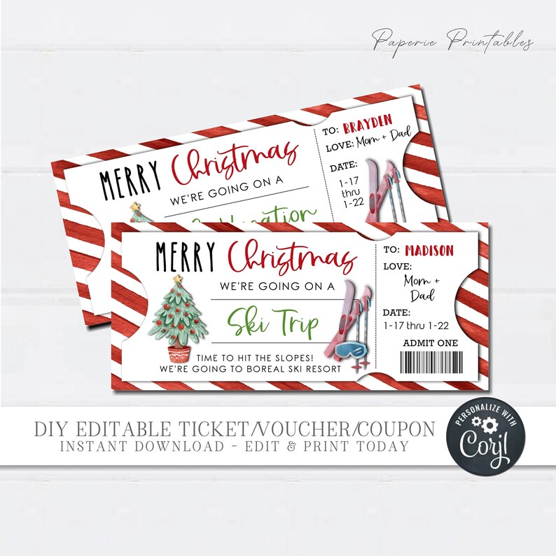 EDITABLE Skiing Trip Ticket Ski Vacation Gift Coupon Etsy